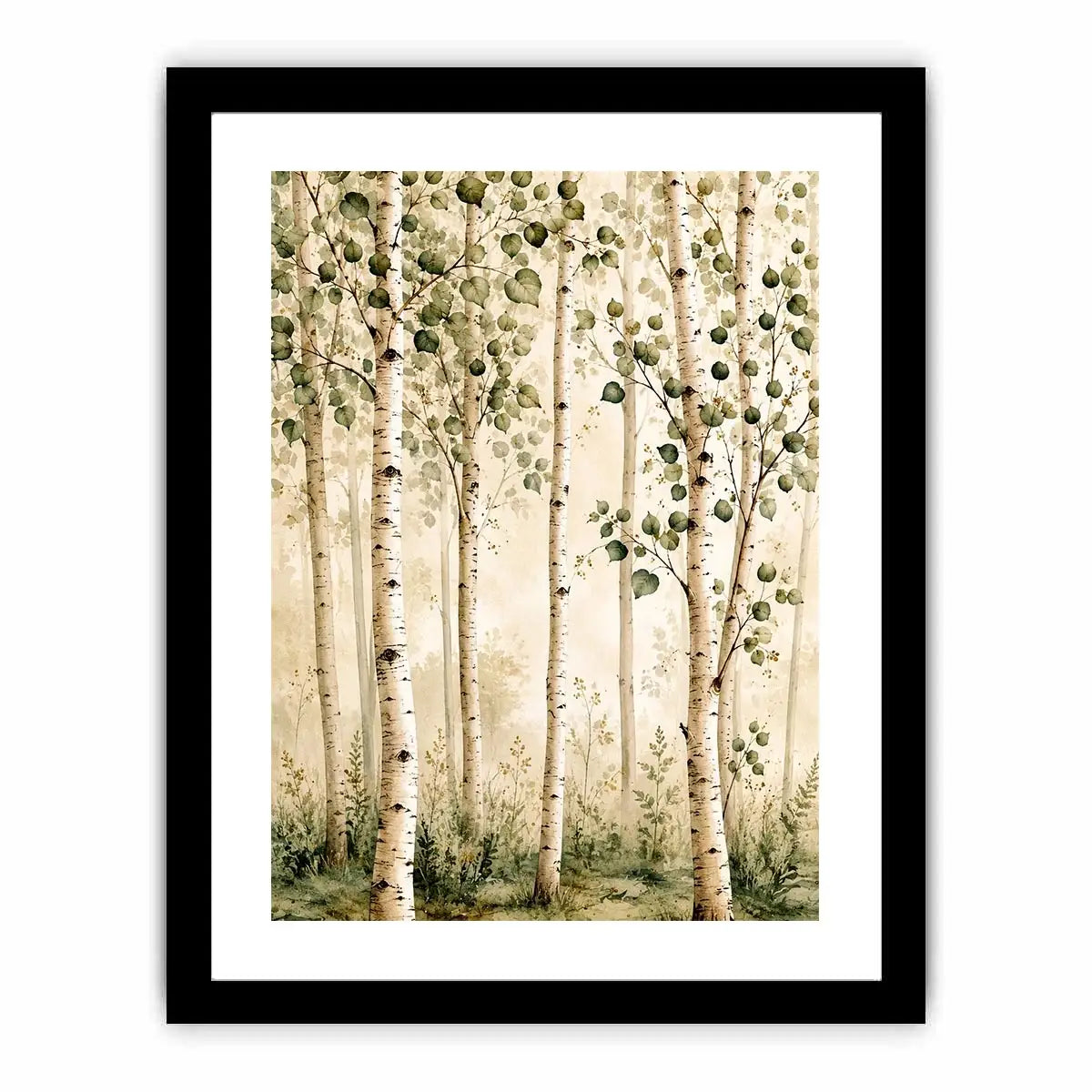 Soft watercolor birch forest wall art with sage green leaves and minimalist Scandinavian nature aesthetic for modern interiors