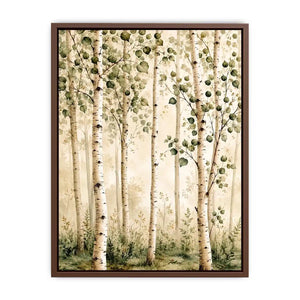 Soft watercolor birch forest wall art with sage green leaves and minimalist Scandinavian nature aesthetic for modern interiors