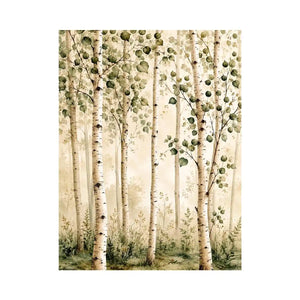 Soft watercolor birch forest wall art with sage green leaves and minimalist Scandinavian nature aesthetic for modern interiors