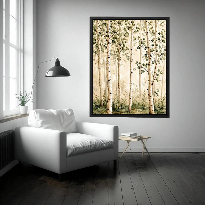Soft watercolor birch forest wall art with sage green leaves and minimalist Scandinavian nature aesthetic for modern interiors