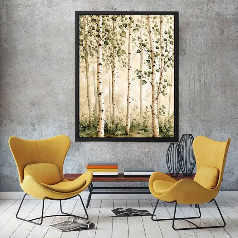 Soft watercolor birch forest wall art with sage green leaves and minimalist Scandinavian nature aesthetic for modern interiors