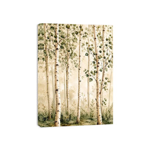 Soft watercolor birch forest wall art with sage green leaves and minimalist Scandinavian nature aesthetic for modern interiors