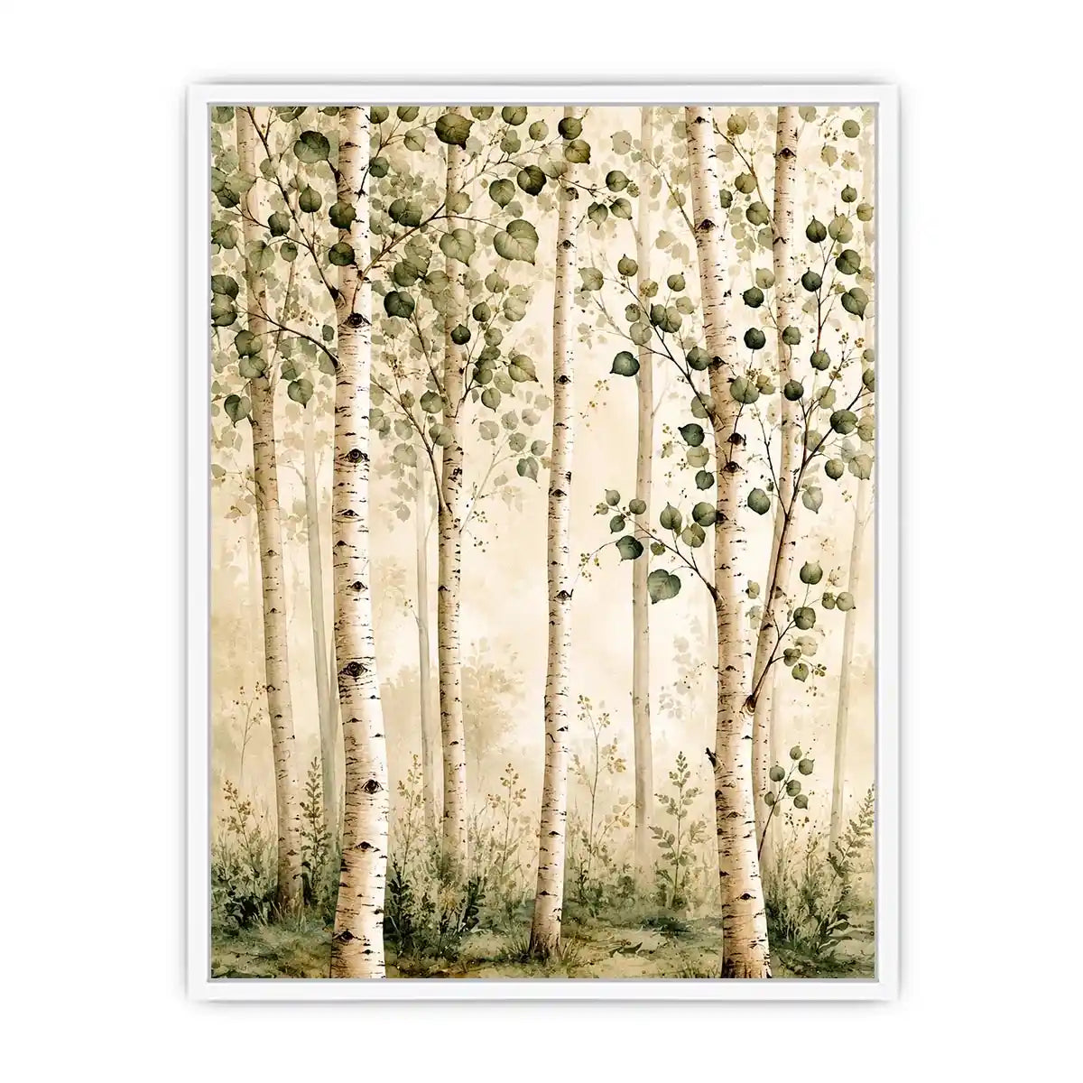 Soft watercolor birch forest wall art with sage green leaves and minimalist Scandinavian nature aesthetic for modern interiors