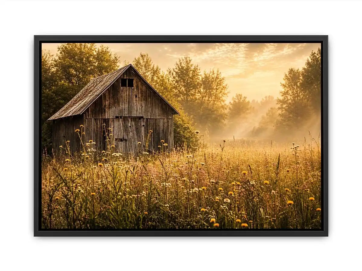 Rustic vintage barn wall art with wildflower meadow and soft misty farmhouse landscape aesthetic for cozy interiors