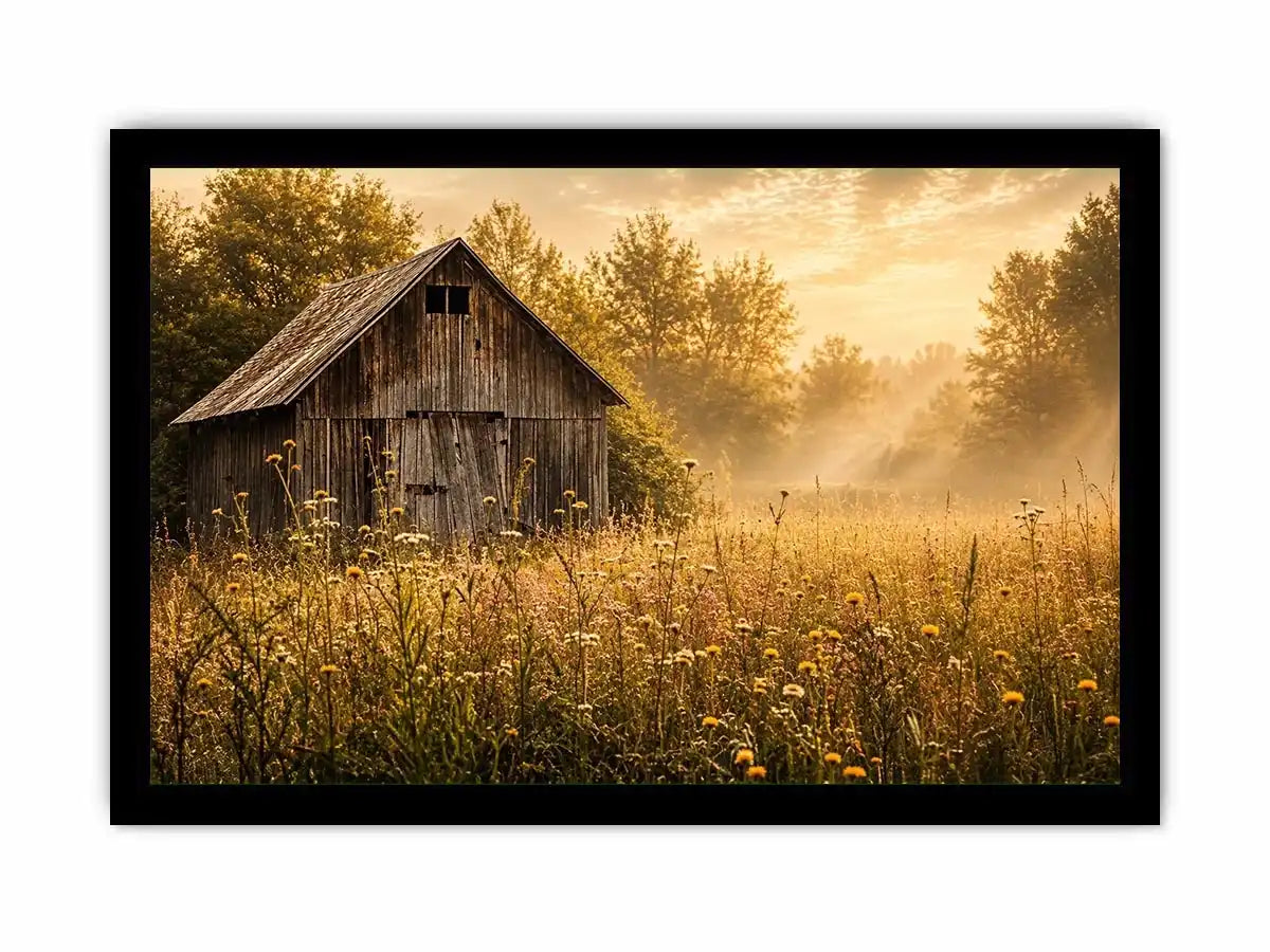 Rustic vintage barn wall art with wildflower meadow and soft misty farmhouse landscape aesthetic for cozy interiors