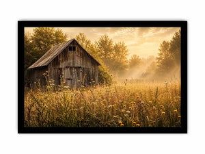 Rustic vintage barn wall art with wildflower meadow and soft misty farmhouse landscape aesthetic for cozy interiors