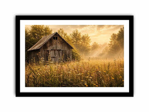 Rustic vintage barn wall art with wildflower meadow and soft misty farmhouse landscape aesthetic for cozy interiors