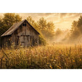 Rustic vintage barn wall art with wildflower meadow and soft misty farmhouse landscape aesthetic for cozy interiors