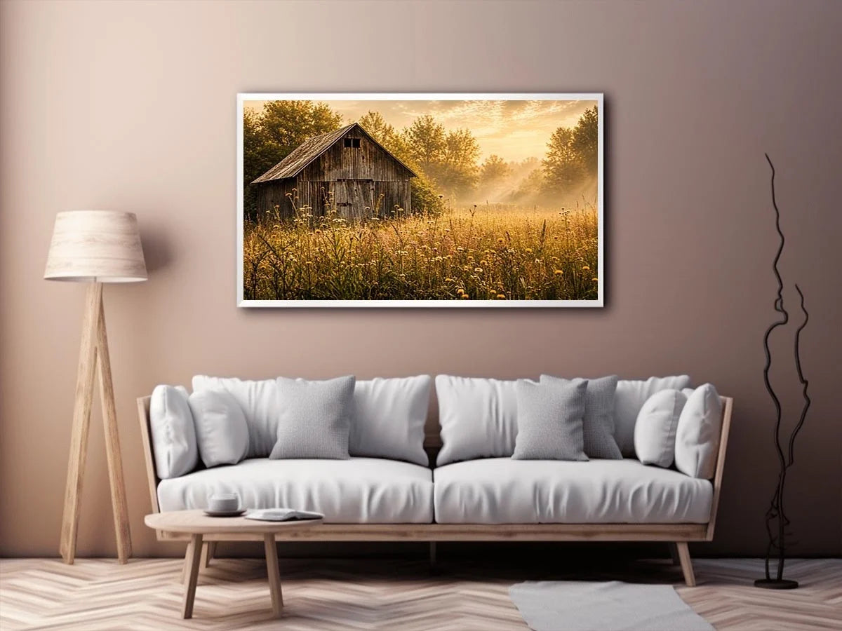 Rustic vintage barn wall art with wildflower meadow and soft misty farmhouse landscape aesthetic for cozy interiors