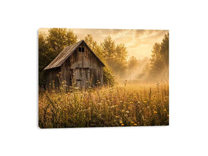 Rustic vintage barn wall art with wildflower meadow and soft misty farmhouse landscape aesthetic for cozy interiors