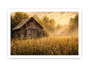 Rustic vintage barn wall art with wildflower meadow and soft misty farmhouse landscape aesthetic for cozy interiors