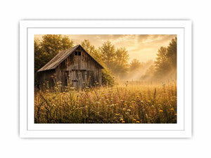 Rustic vintage barn wall art with wildflower meadow and soft misty farmhouse landscape aesthetic for cozy interiors