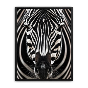 Black and white zebra portrait wall art with bold striped wildlife photography and modern safari aesthetic