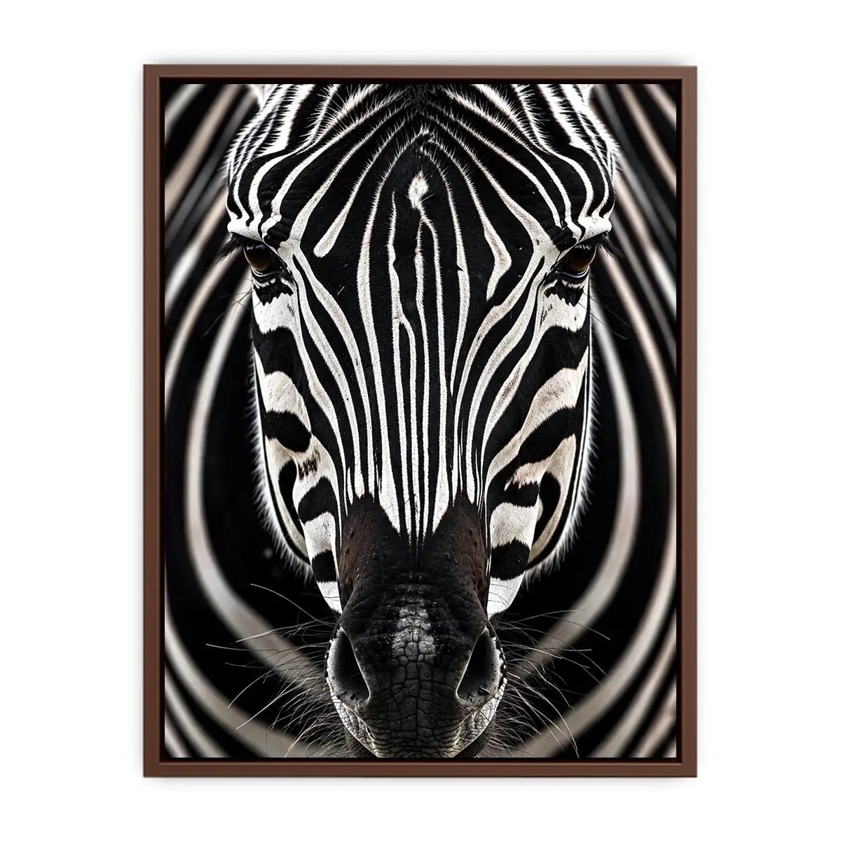 Black and white zebra portrait wall art with bold striped wildlife photography and modern safari aesthetic