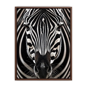 Black and white zebra portrait wall art with bold striped wildlife photography and modern safari aesthetic