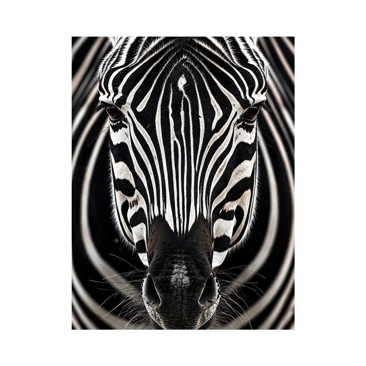 Black and white zebra portrait wall art with bold striped wildlife photography and modern safari aesthetic