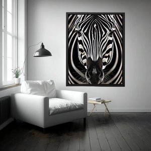 Black and white zebra portrait wall art with bold striped wildlife photography and modern safari aesthetic