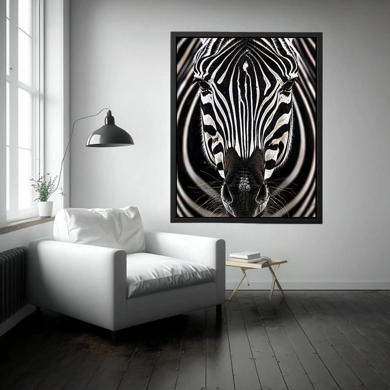 Black and white zebra portrait wall art with bold striped wildlife photography and modern safari aesthetic