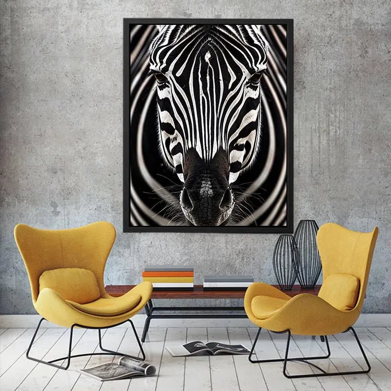 Black and white zebra portrait wall art with bold striped wildlife photography and modern safari aesthetic