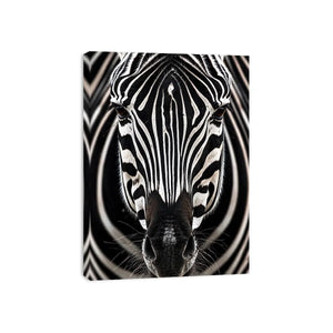 Black and white zebra portrait wall art with bold striped wildlife photography and modern safari aesthetic