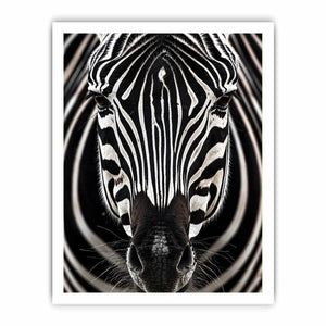 Black and white zebra portrait wall art with bold striped wildlife photography and modern safari aesthetic