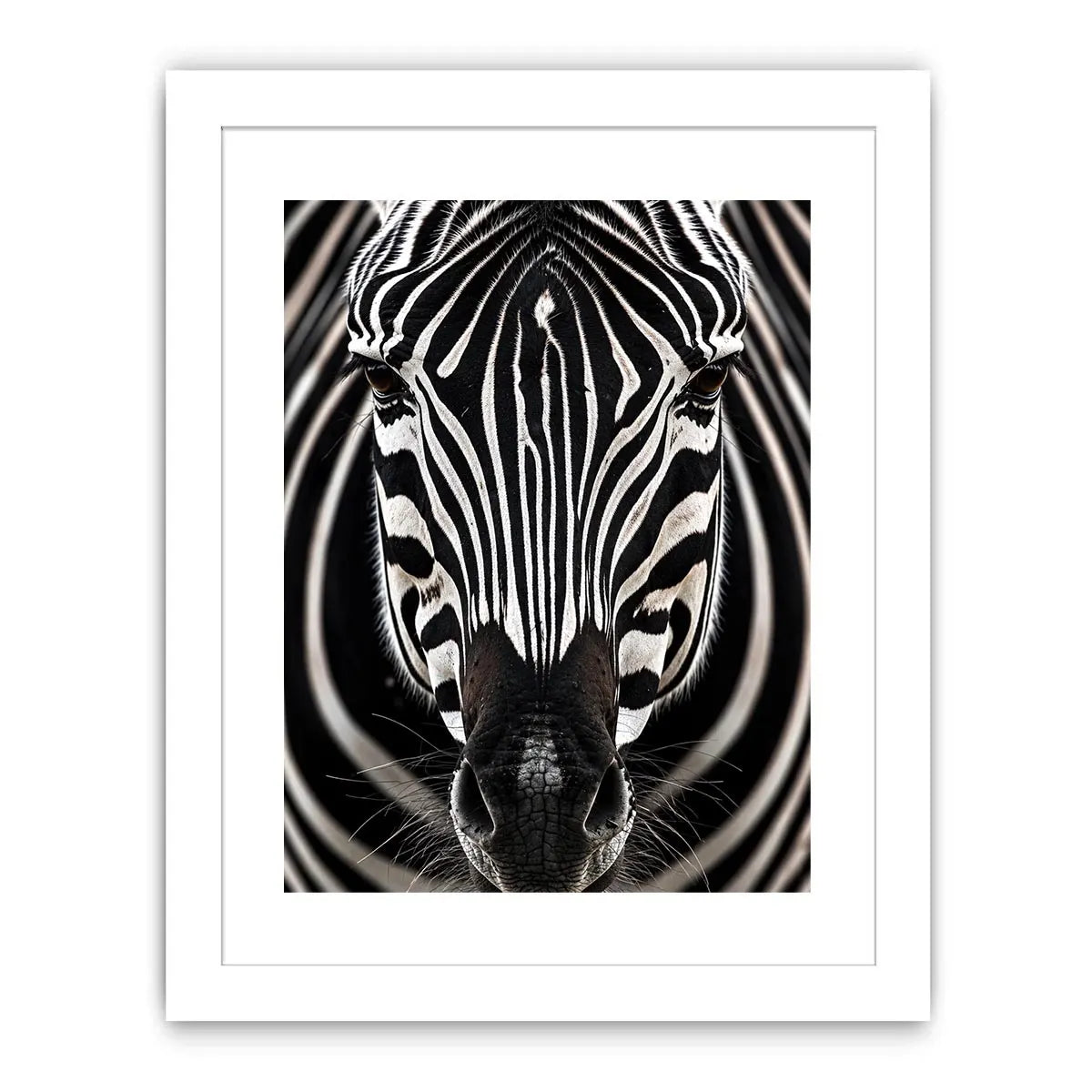 Black and white zebra portrait wall art with bold striped wildlife photography and modern safari aesthetic
