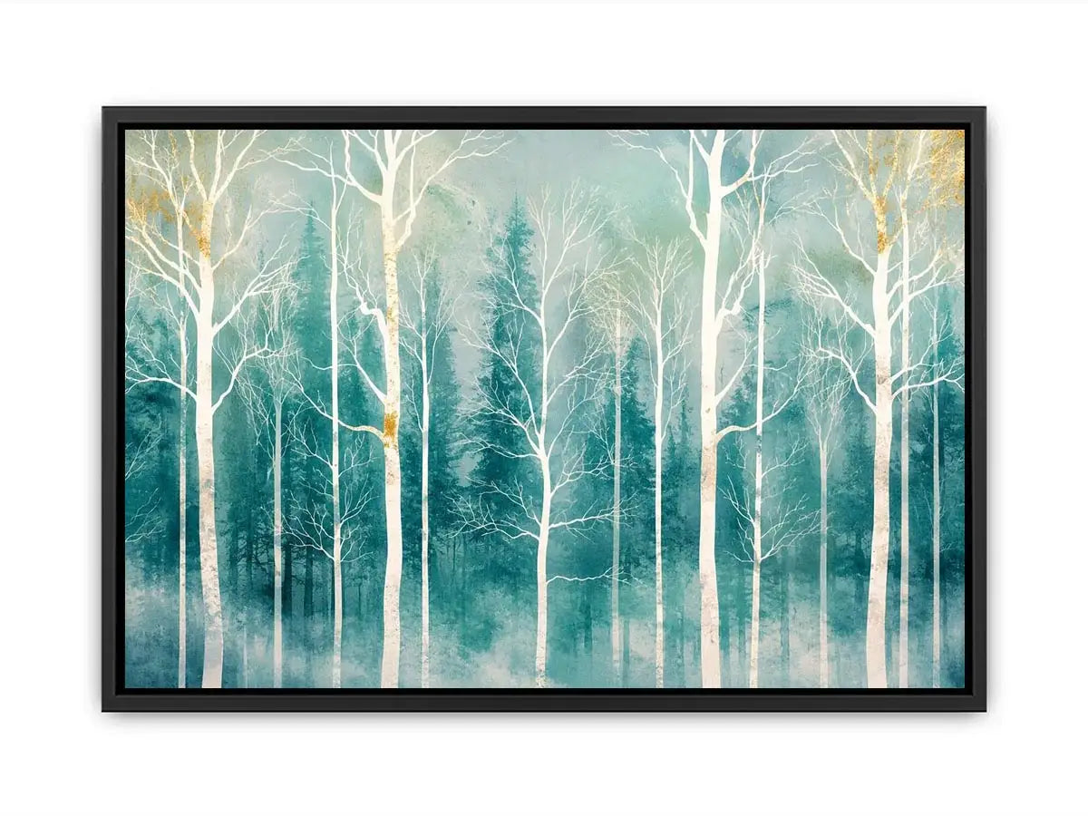 Minimalist teal forest wall art with white winter trees and soft misty Scandinavian nature aesthetic for modern decor
