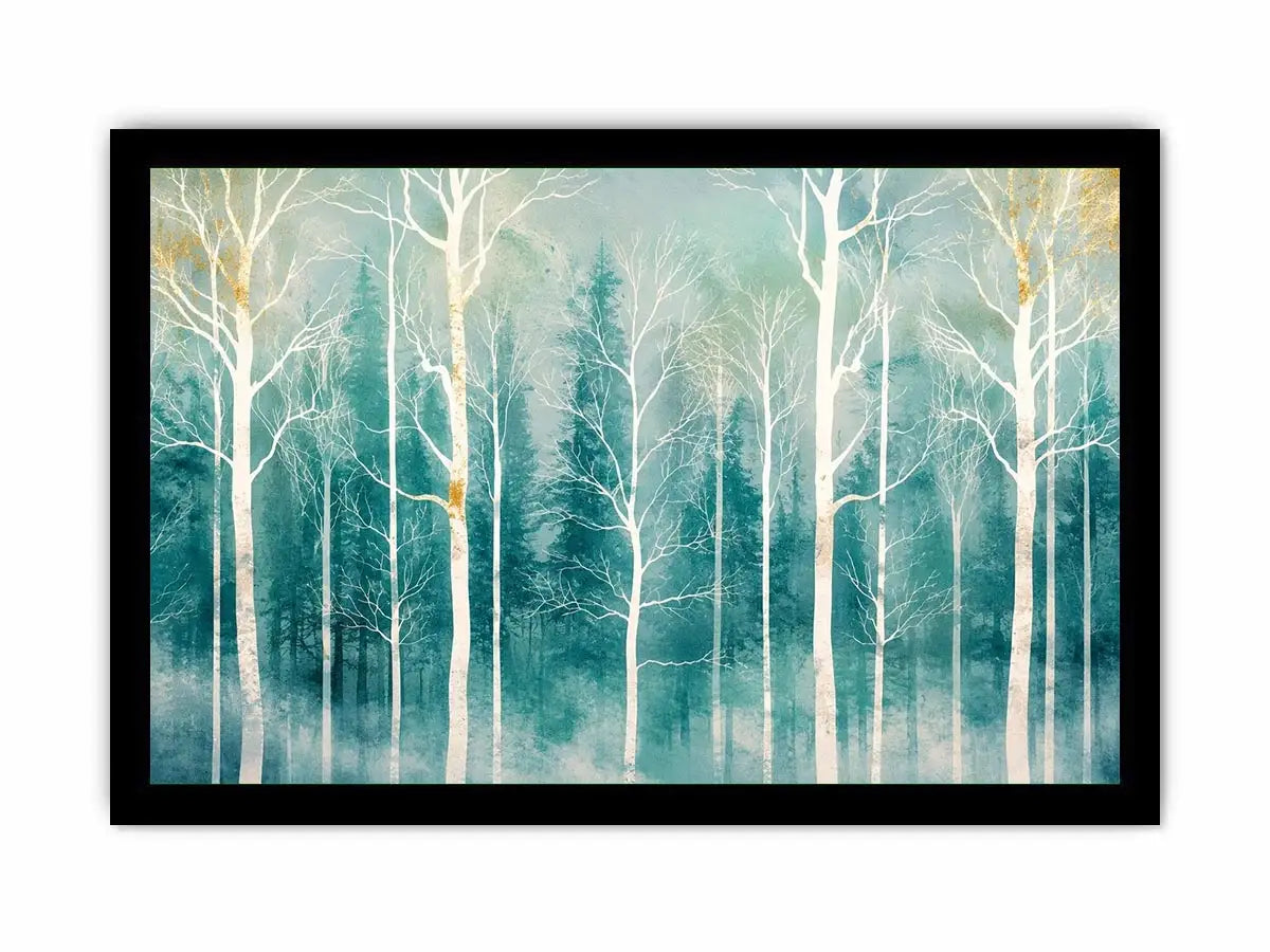 Minimalist teal forest wall art with white winter trees and soft misty Scandinavian nature aesthetic for modern decor