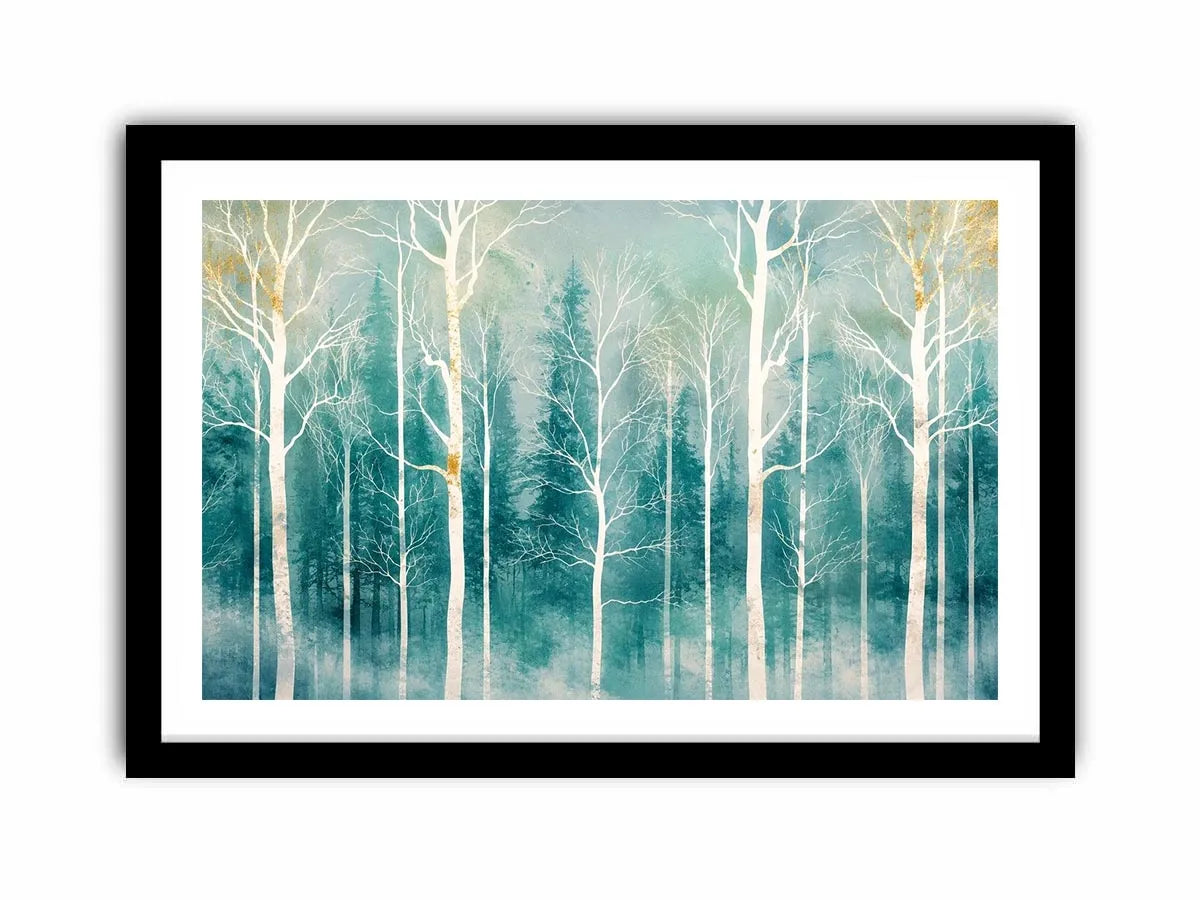 Minimalist teal forest wall art with white winter trees and soft misty Scandinavian nature aesthetic for modern decor