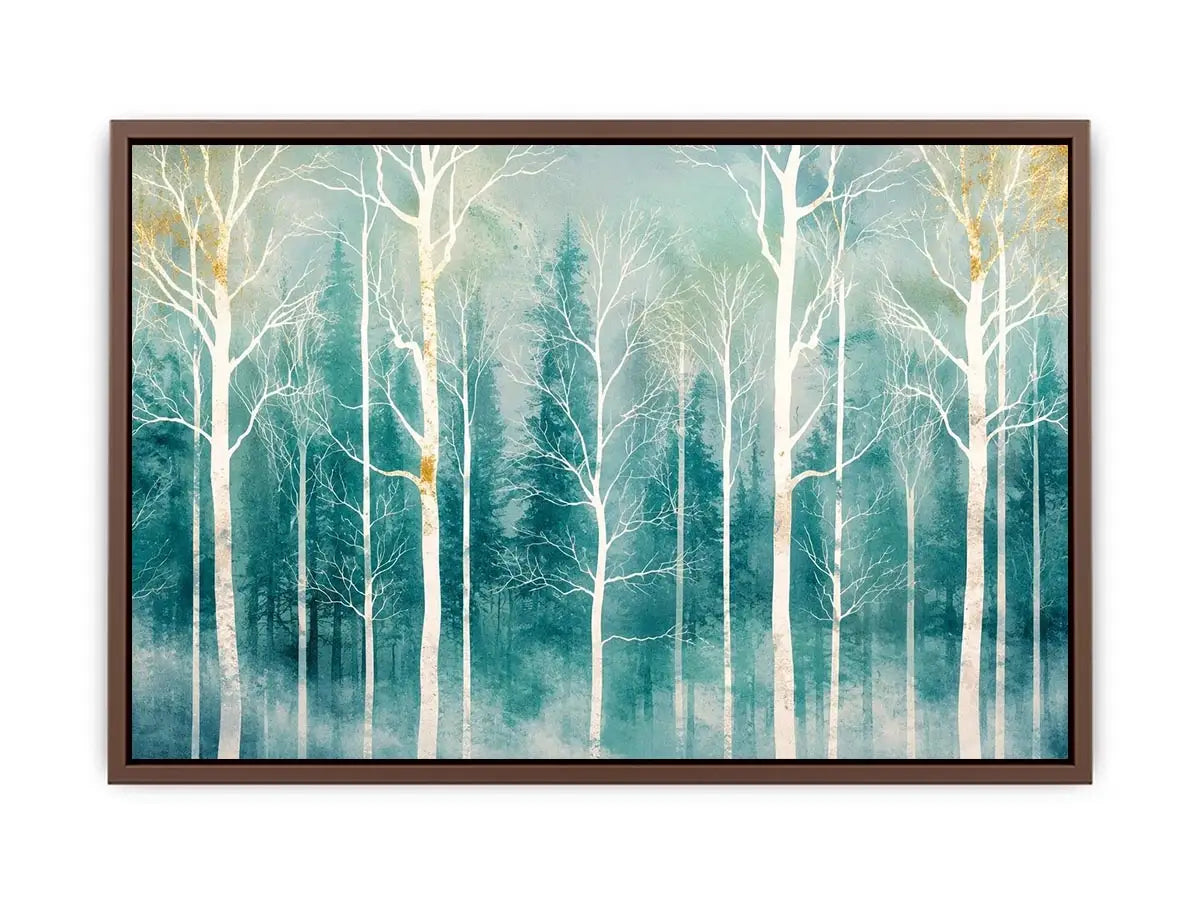 Minimalist teal forest wall art with white winter trees and soft misty Scandinavian nature aesthetic for modern decor