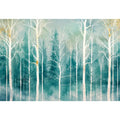 Minimalist teal forest wall art with white winter trees and soft misty Scandinavian nature aesthetic for modern decor