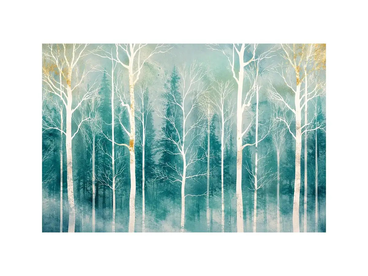 Minimalist teal forest wall art with white winter trees and soft misty Scandinavian nature aesthetic for modern decor