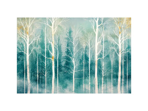Minimalist teal forest wall art with white winter trees and soft misty Scandinavian nature aesthetic for modern decor