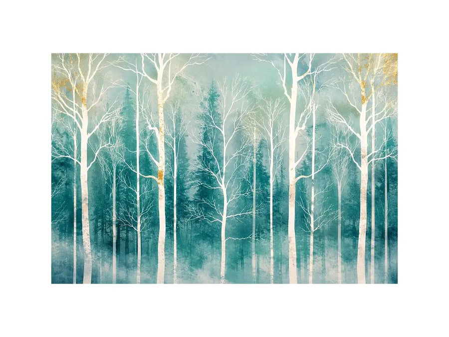 Minimalist teal forest wall art with white winter trees and soft misty Scandinavian nature aesthetic for modern decor