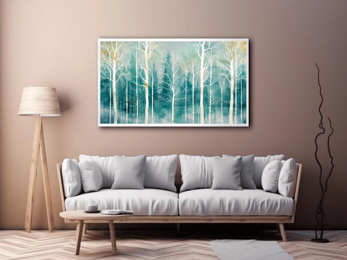 Minimalist teal forest wall art with white winter trees and soft misty Scandinavian nature aesthetic for modern decor