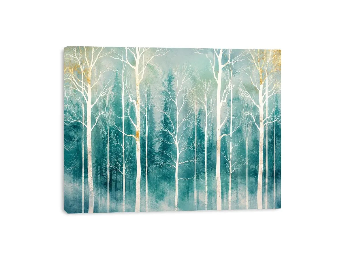 Minimalist teal forest wall art with white winter trees and soft misty Scandinavian nature aesthetic for modern decor