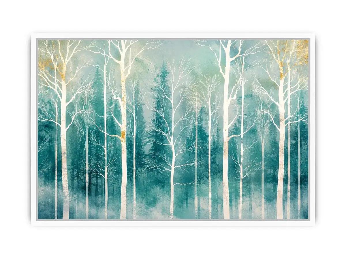 Minimalist teal forest wall art with white winter trees and soft misty Scandinavian nature aesthetic for modern decor
