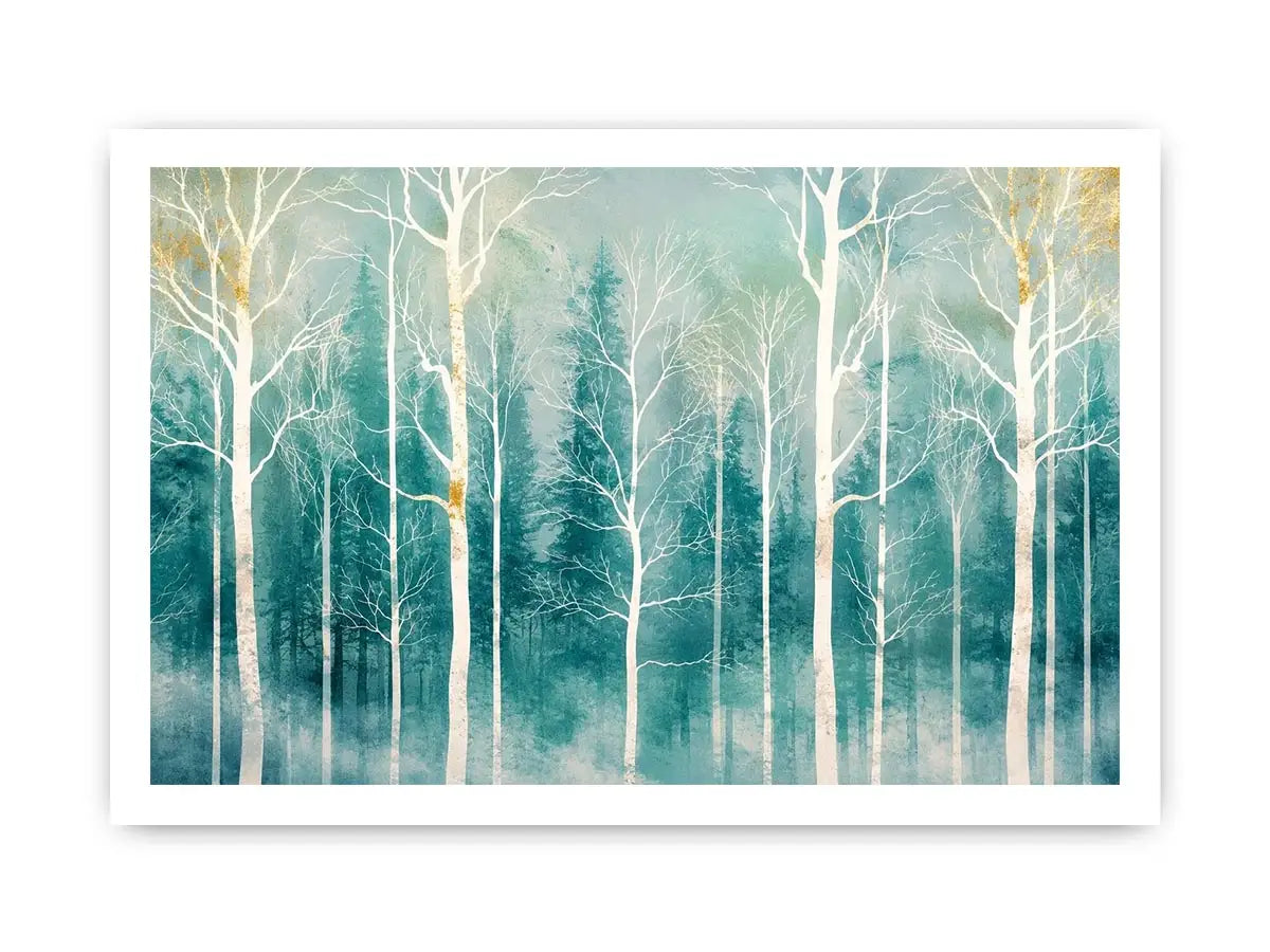 Minimalist teal forest wall art with white winter trees and soft misty Scandinavian nature aesthetic for modern decor