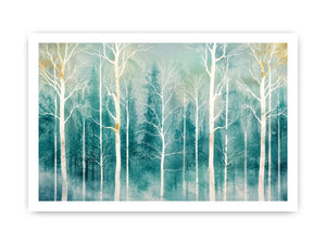 Minimalist teal forest wall art with white winter trees and soft misty Scandinavian nature aesthetic for modern decor