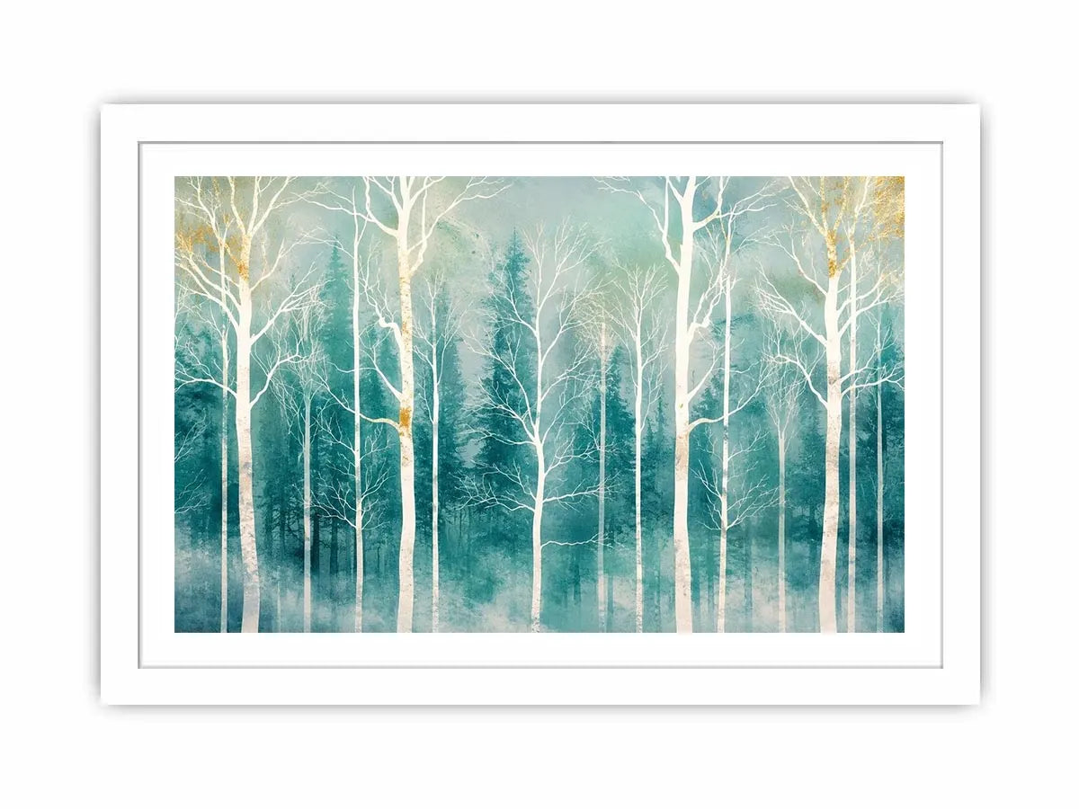 Minimalist teal forest wall art with white winter trees and soft misty Scandinavian nature aesthetic for modern decor