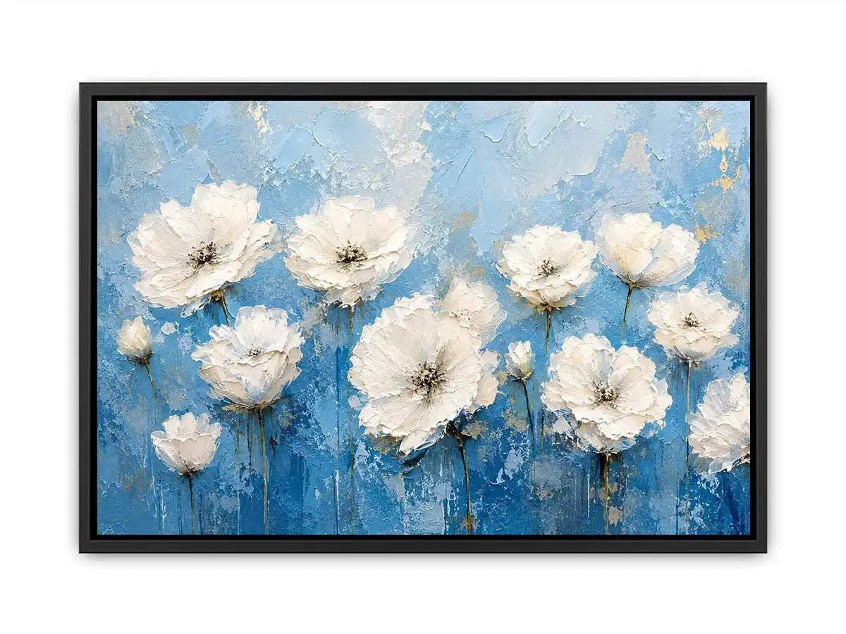 White floral abstract wall art with textured blue background and elegant modern botanical painting aesthetic
