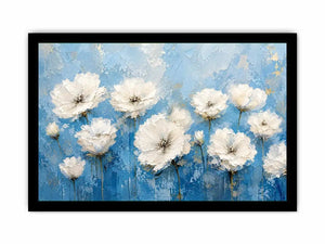 White floral abstract wall art with textured blue background and elegant modern botanical painting aesthetic