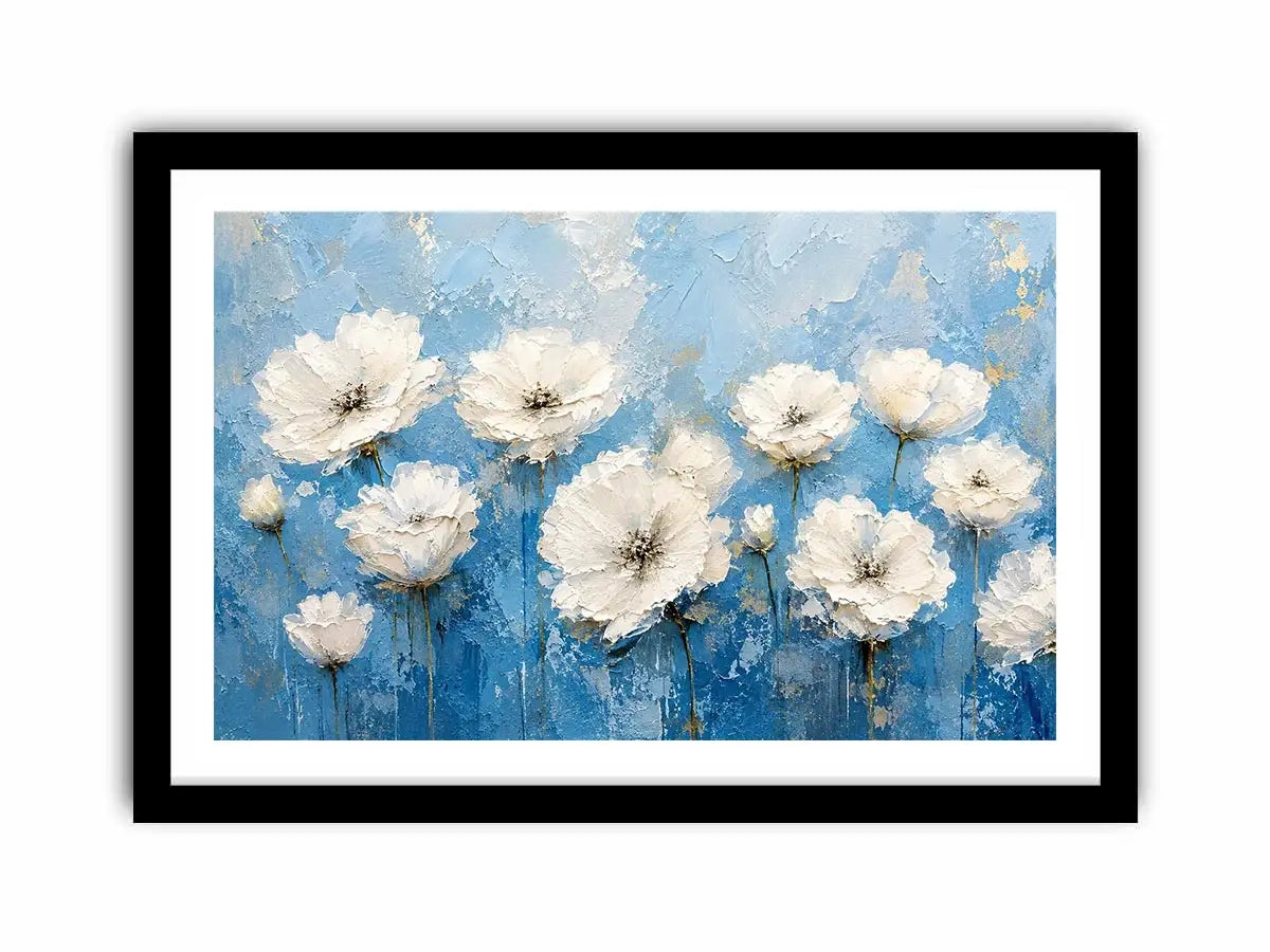 White floral abstract wall art with textured blue background and elegant modern botanical painting aesthetic