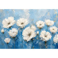 White floral abstract wall art with textured blue background and elegant modern botanical painting aesthetic