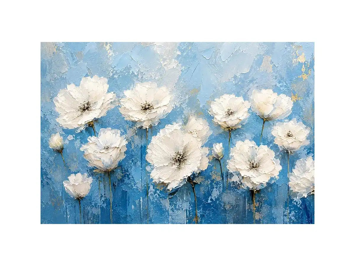 White floral abstract wall art with textured blue background and elegant modern botanical painting aesthetic