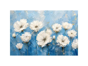 White floral abstract wall art with textured blue background and elegant modern botanical painting aesthetic