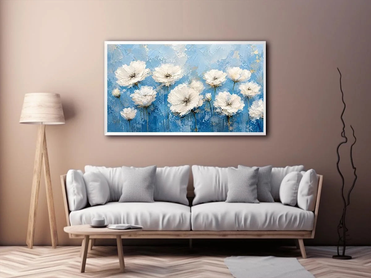 White floral abstract wall art with textured blue background and elegant modern botanical painting aesthetic