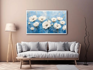 White floral abstract wall art with textured blue background and elegant modern botanical painting aesthetic
