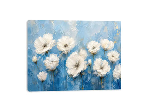 White floral abstract wall art with textured blue background and elegant modern botanical painting aesthetic
