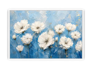 White floral abstract wall art with textured blue background and elegant modern botanical painting aesthetic